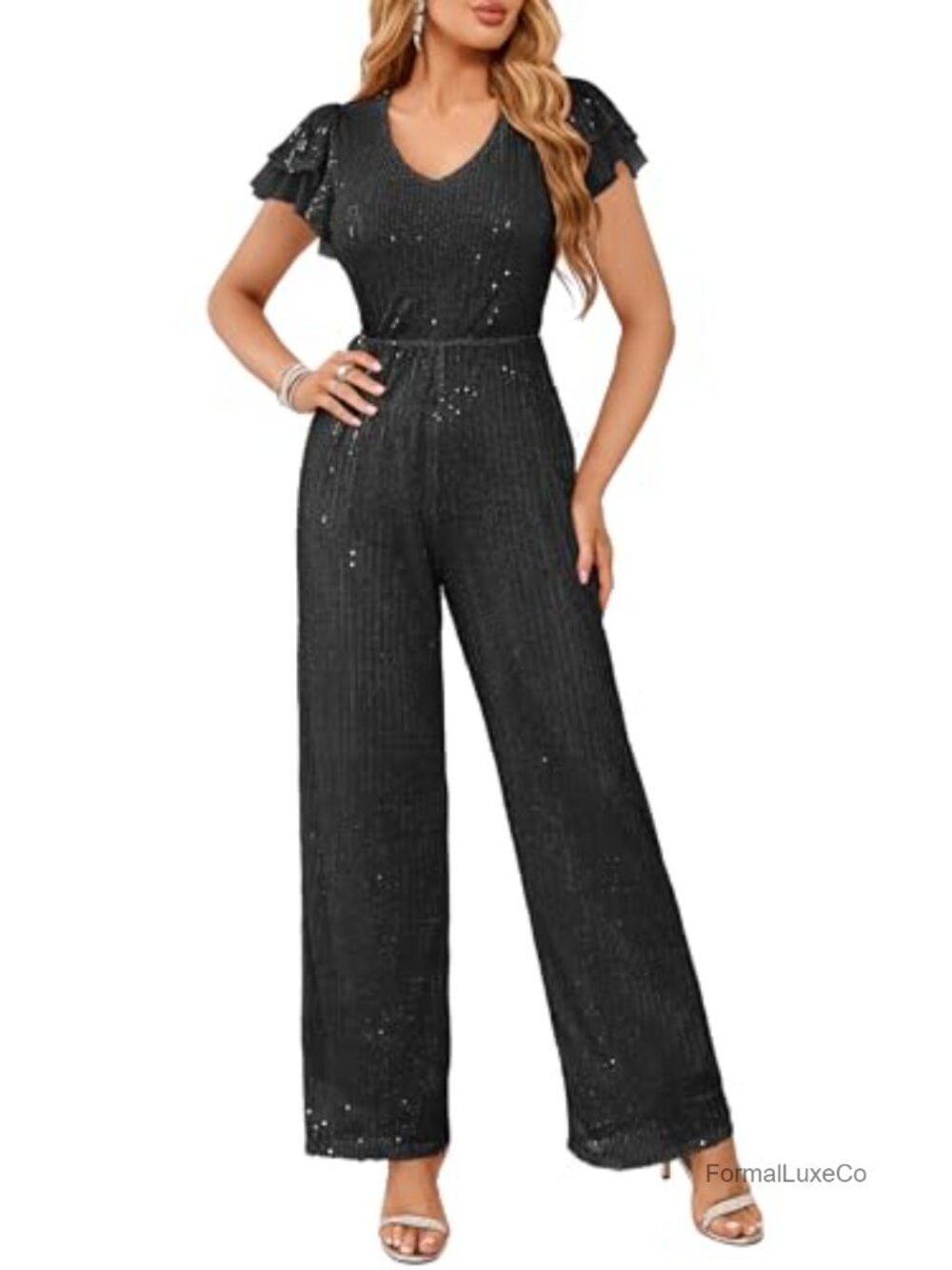 Sequin Jumpsuit V Neck Ruffle Short Sleeve Glitter Party Romper Wide Leg